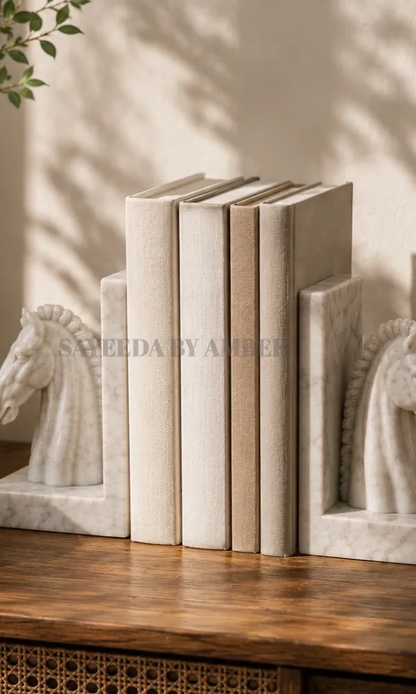 Ashwa marble horse bookends holding books on a wooden console