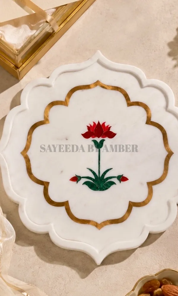 Nilofar inlay platter with a red flower set in white marble