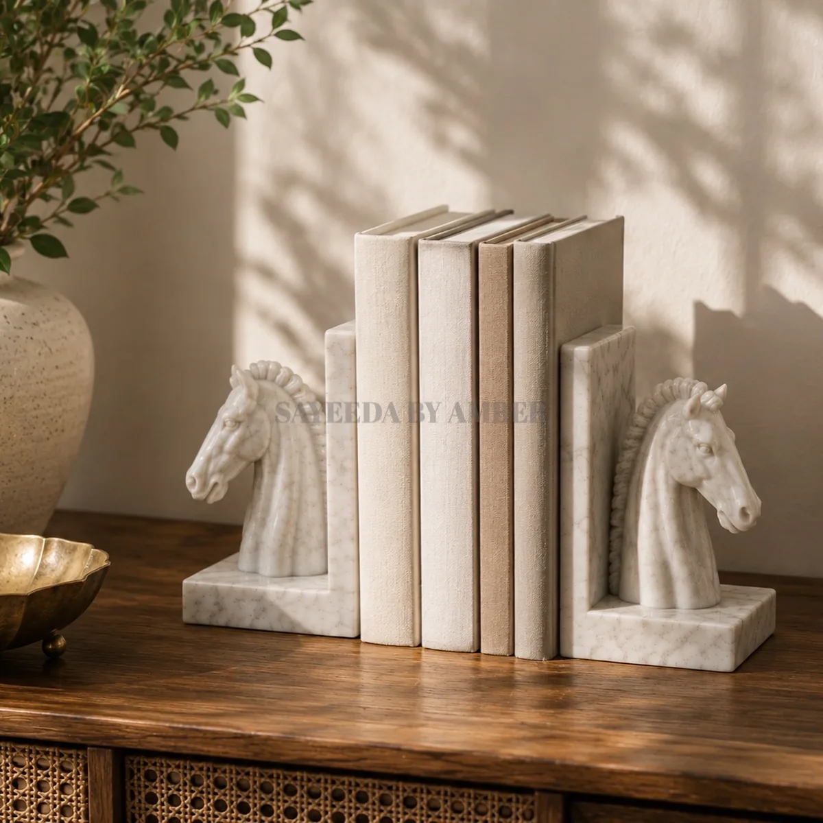 Ashwa marble horse bookends on a wooden console